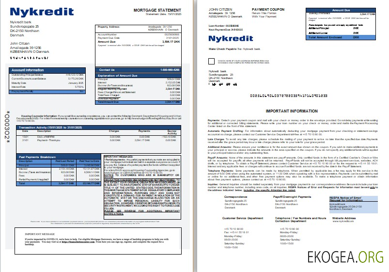 Relevé hypothécaire de la banque Danemark Nykredit, 3 pages, 1, 2 scr